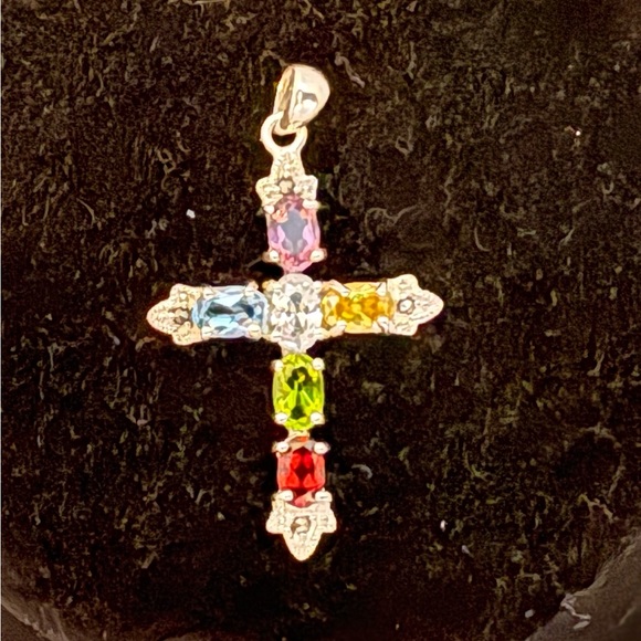 Source Unknown Jewelry - Religious Cross set with multicolored gemstones, pendant only, no chain